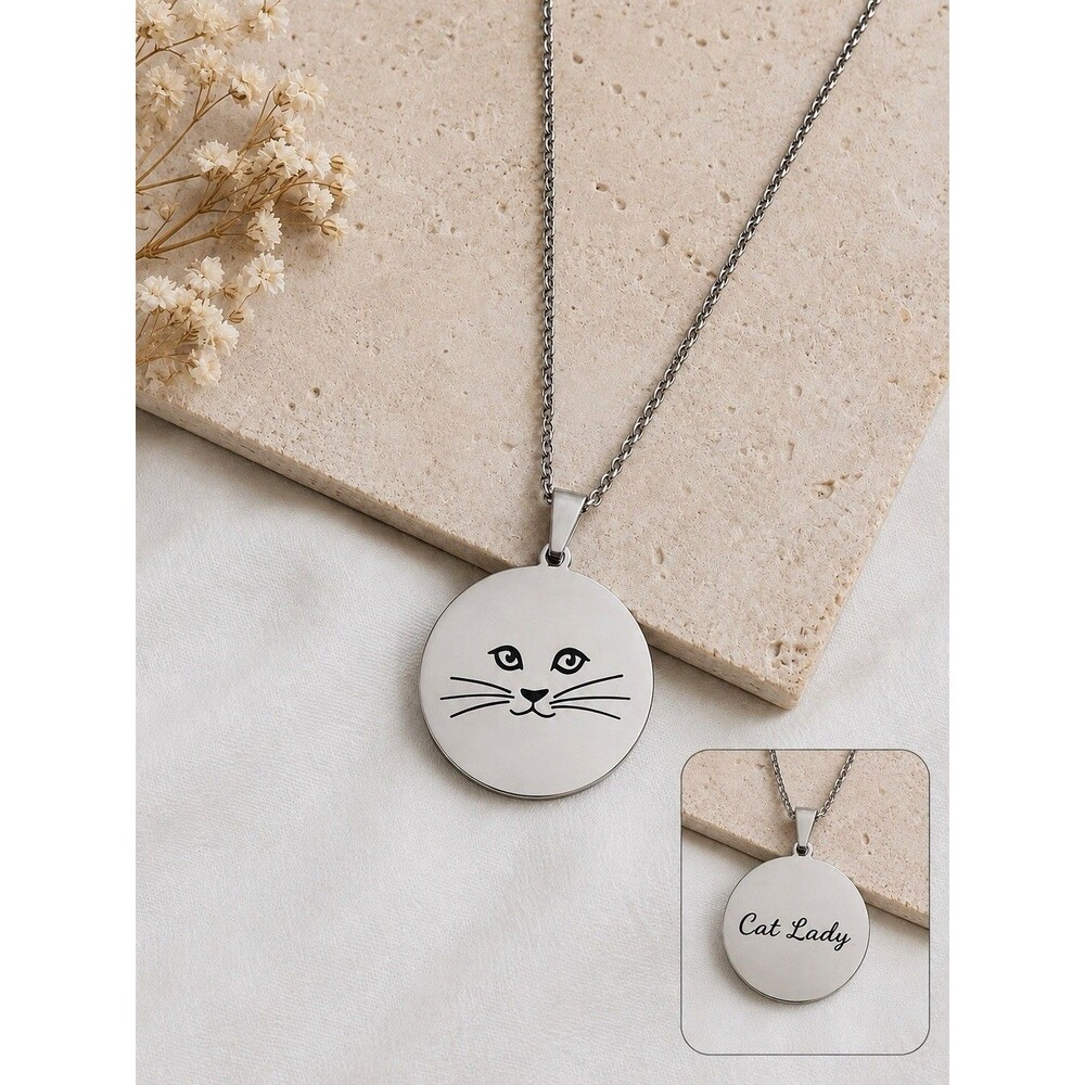 Cat Lady Pendant Necklace 18" Stainless Steel  Double Sided Cats Lover Gift